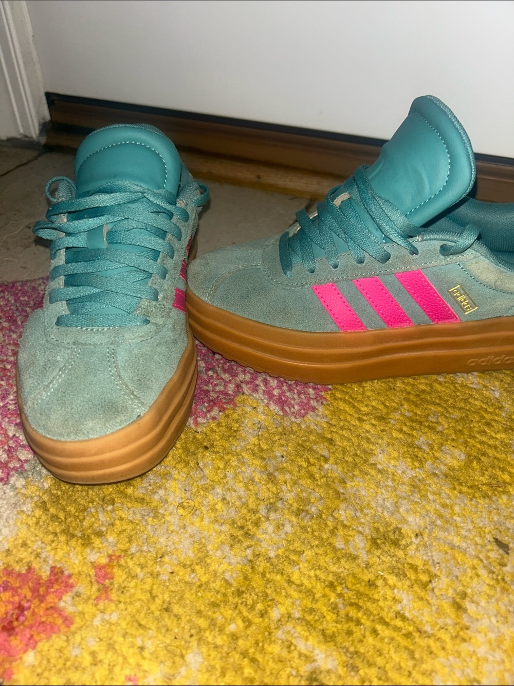 adidas Teal Suede Platform Sneakers with Pink Stripes and Gum Sole